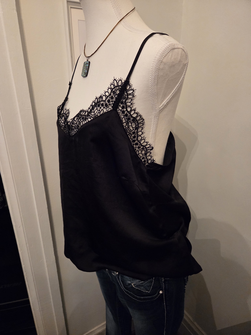 Black Satin Lace-Trim Camisole